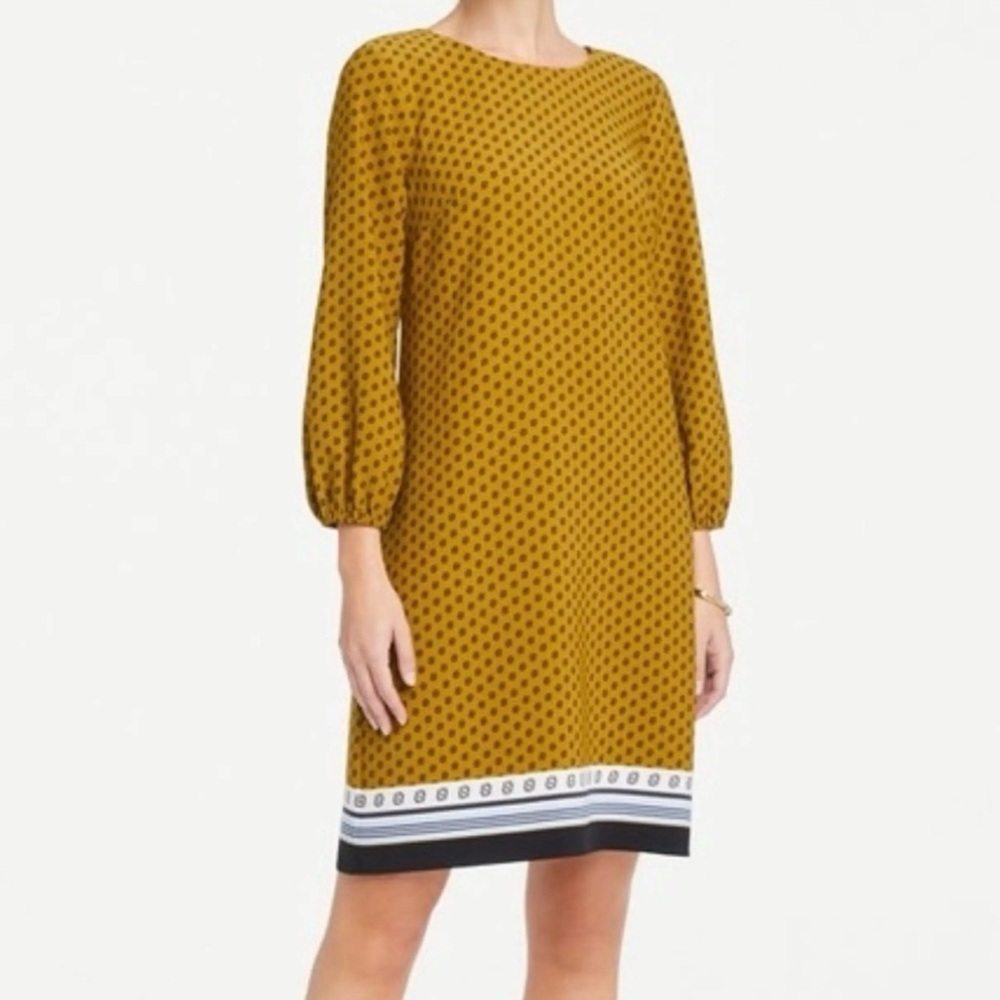 Ann Taylor shift Mustard Long Sleeve Dress with Black and White Trim 10